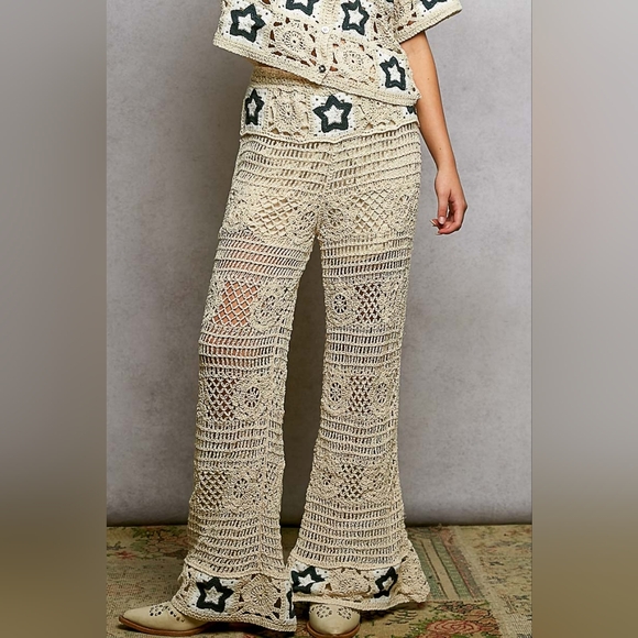 POL High-Rise Star Patchwork Openwork Granny Crochet Flare Leg Retro 70’s Pants - Picture 5 of 16